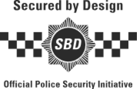 The "Secured by Design" logo features a starburst with "SBD" inside, flanked by checkered patterns. It is labeled as the "Official Police Security Initiative."